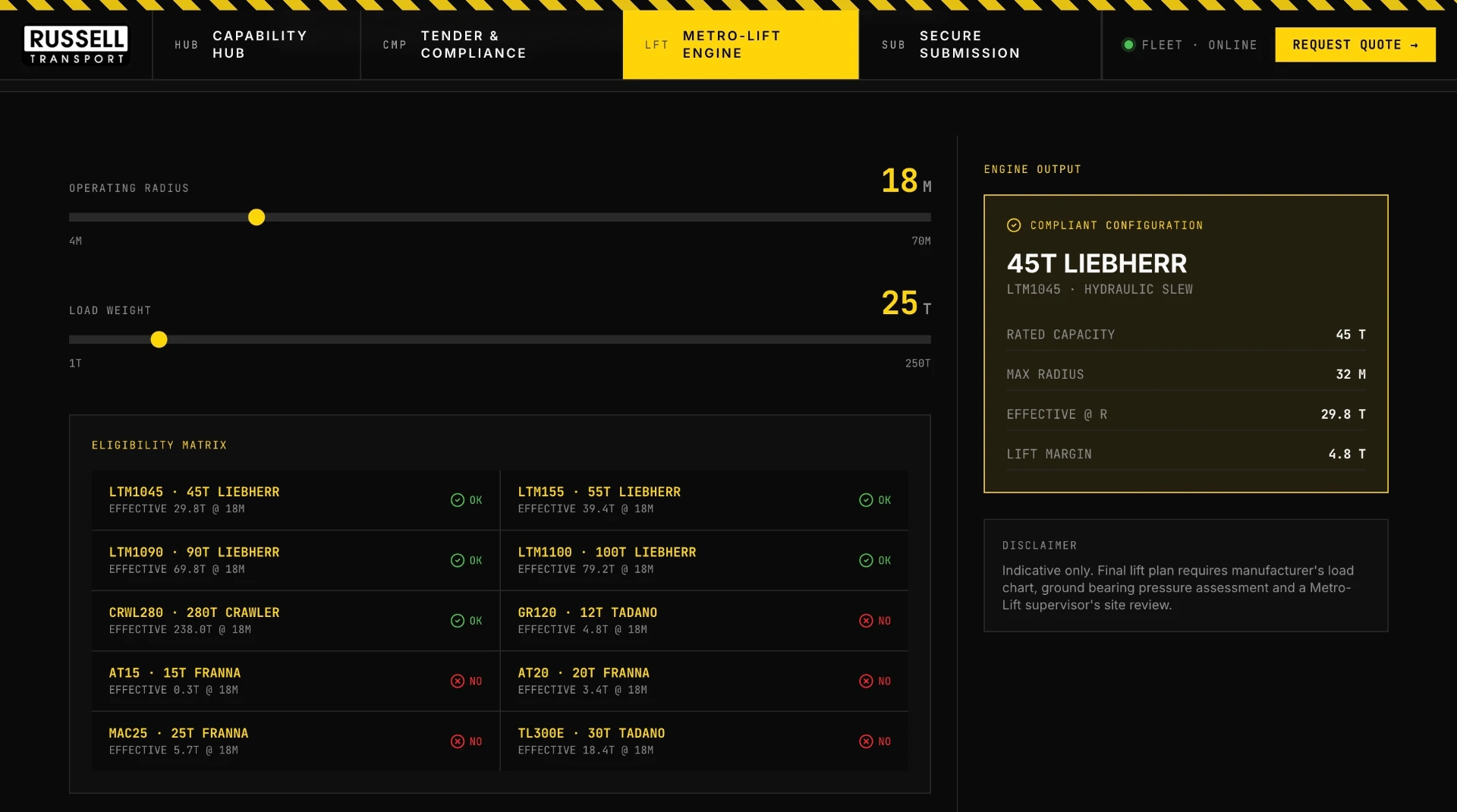 Russell Transport lift picker engine with eligibility matrix