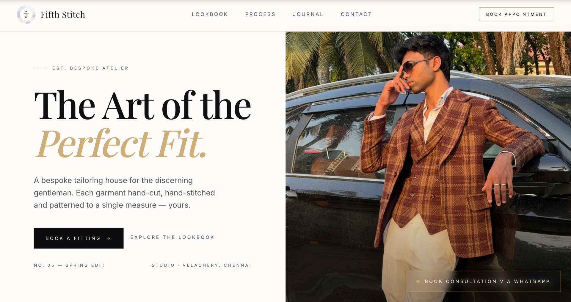 Fifth Stitch bespoke tailoring homepage hero with editorial portrait