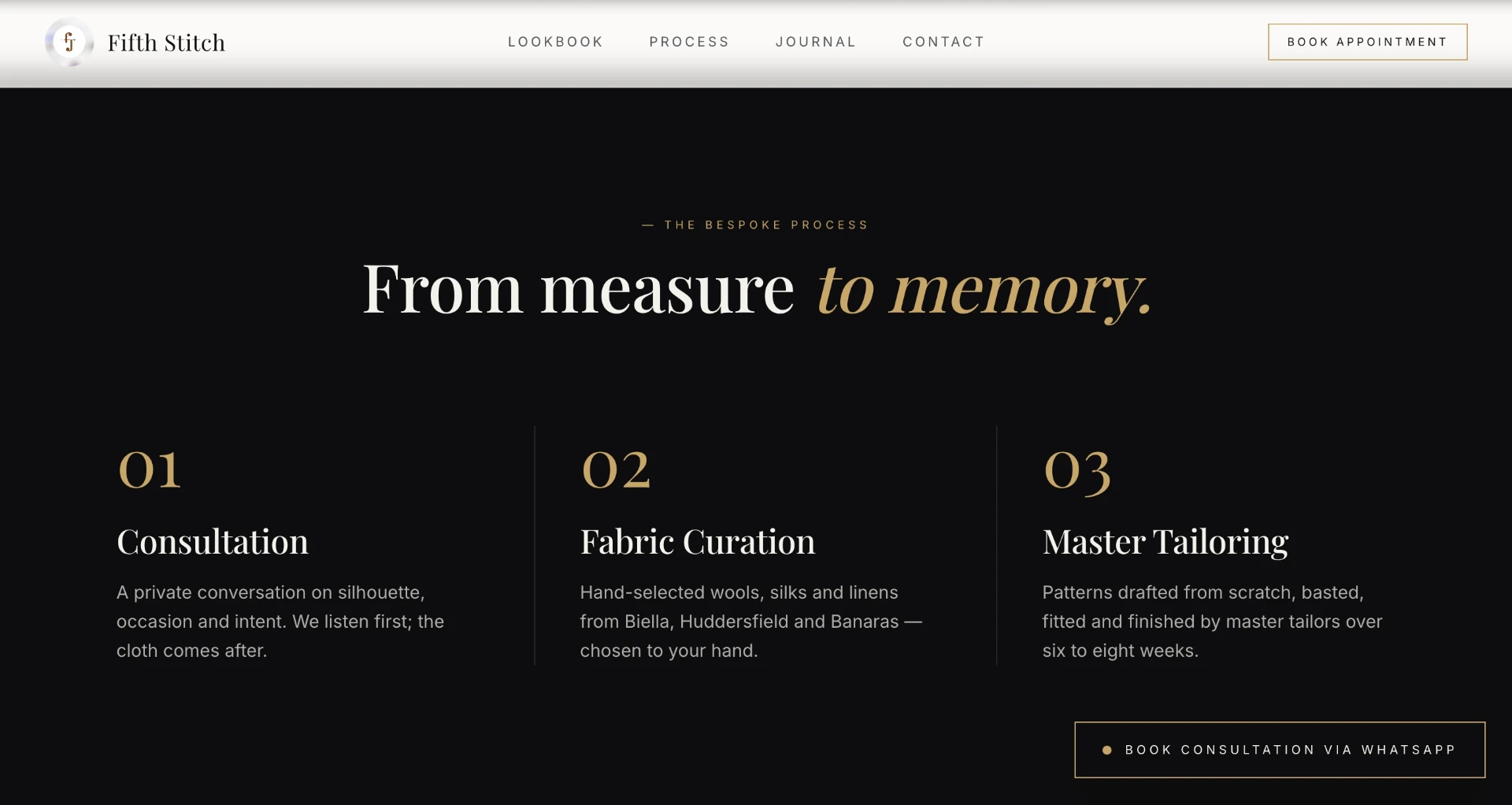 Fifth Stitch process section detailing consultation, fabric curation and master tailoring