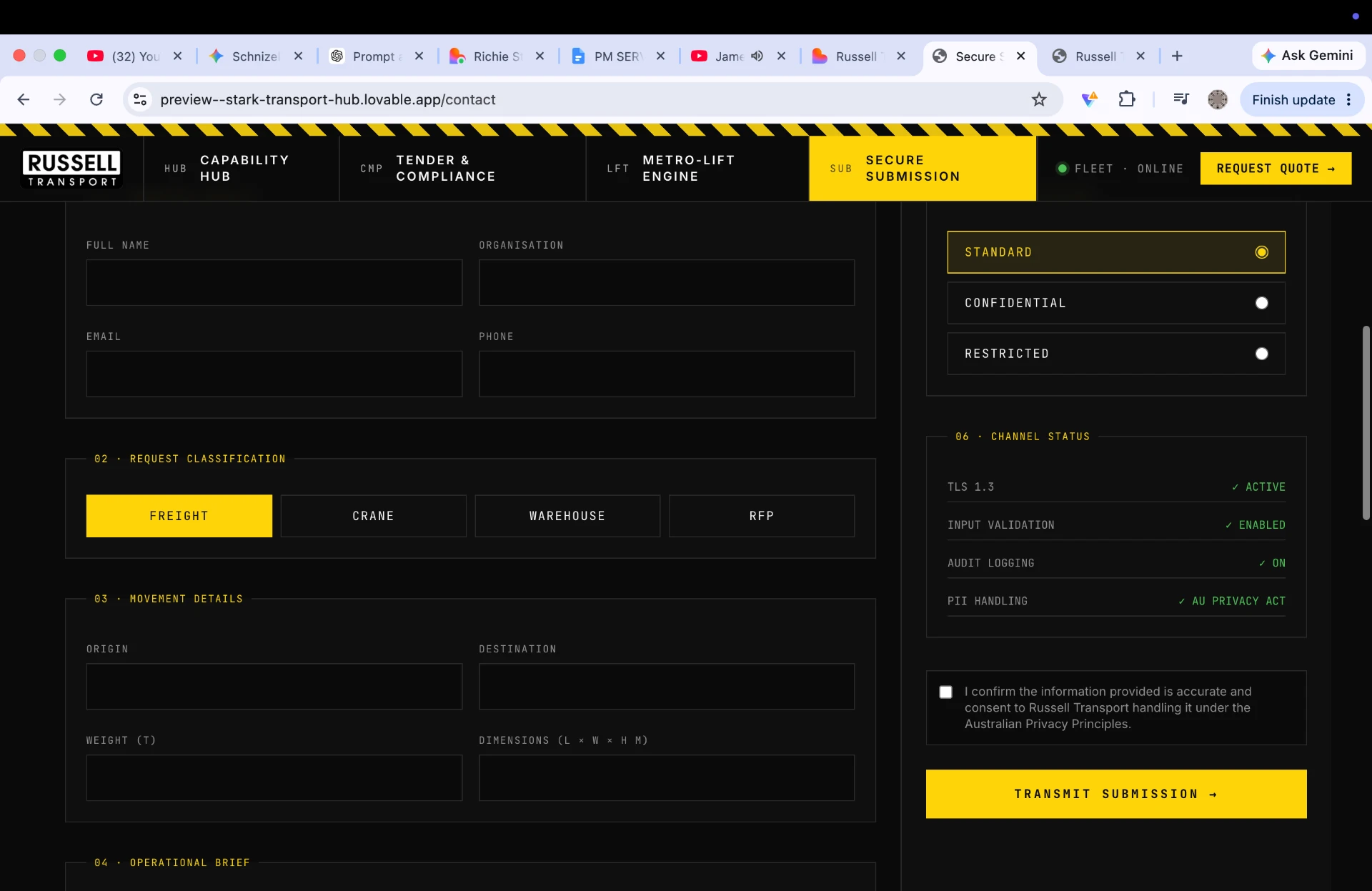 Russell Transport secure client intake submission form