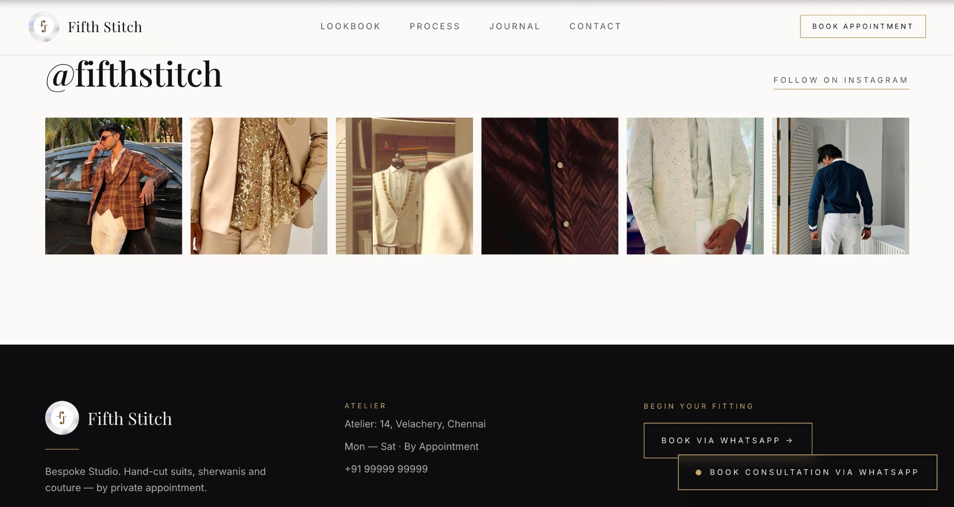 Fifth Stitch Instagram lookbook grid with atelier contact details